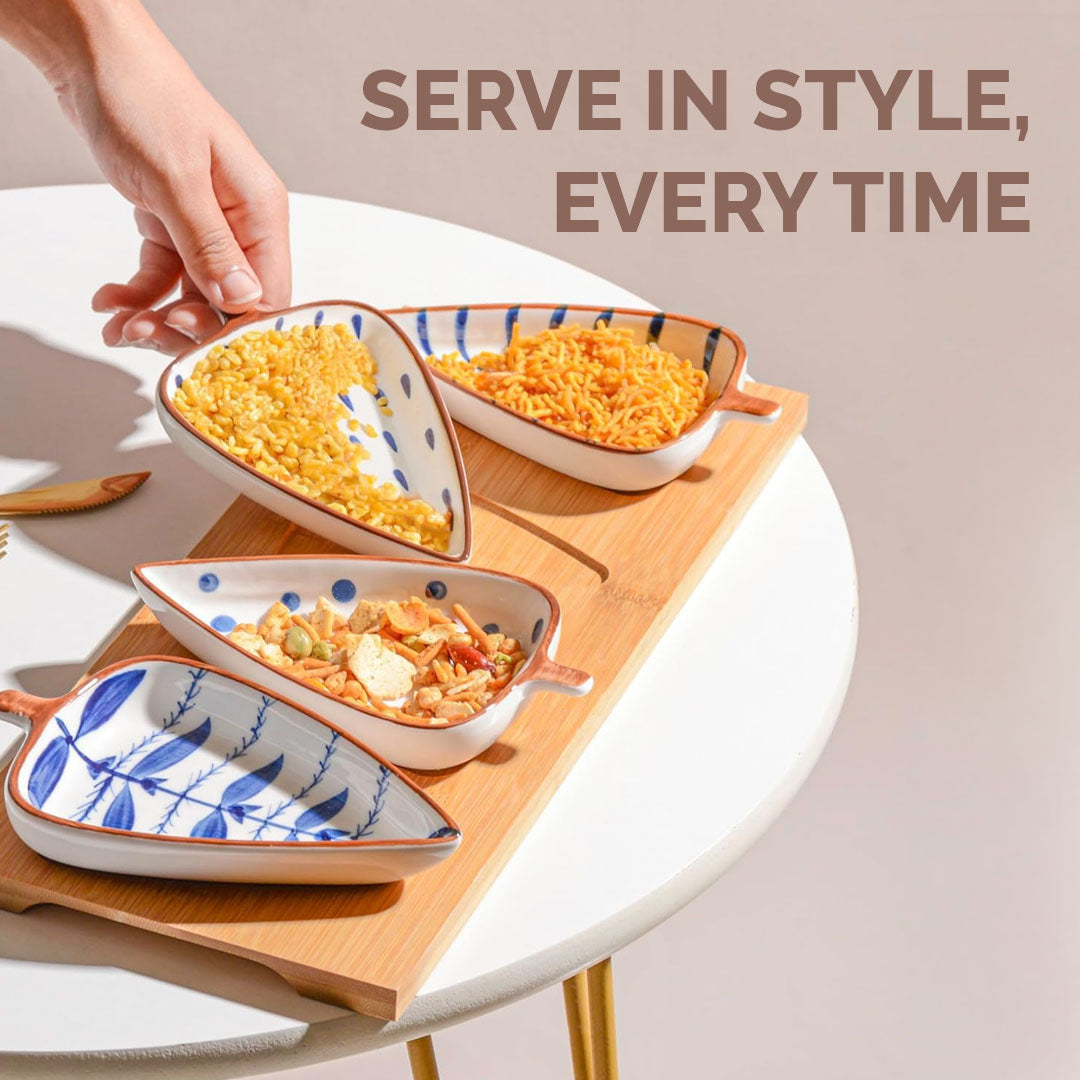 Rioware 120ml Leaf-Shaped Ceramic Serving Platter with Wooden Board | 4 Small Glossy Snack Tray | Perfect for Serving Sweets, Cookies, Dry Fruits, Mouth Freshener & Snacks (Blue & White)