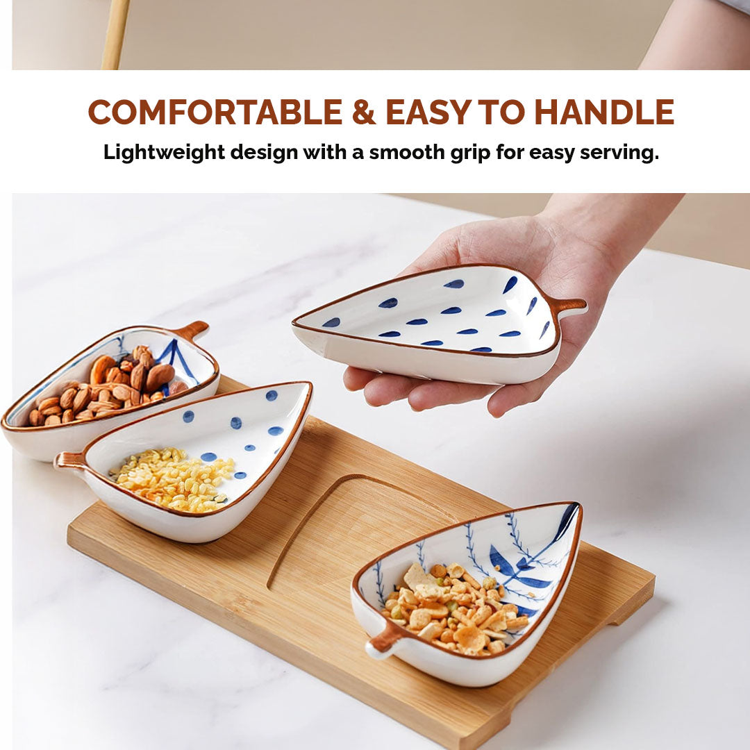 Rioware 120ml Leaf-Shaped Ceramic Serving Platter with Wooden Board | 4 Small Glossy Snack Tray | Perfect for Serving Sweets, Cookies, Dry Fruits, Mouth Freshener & Snacks (Blue & White)