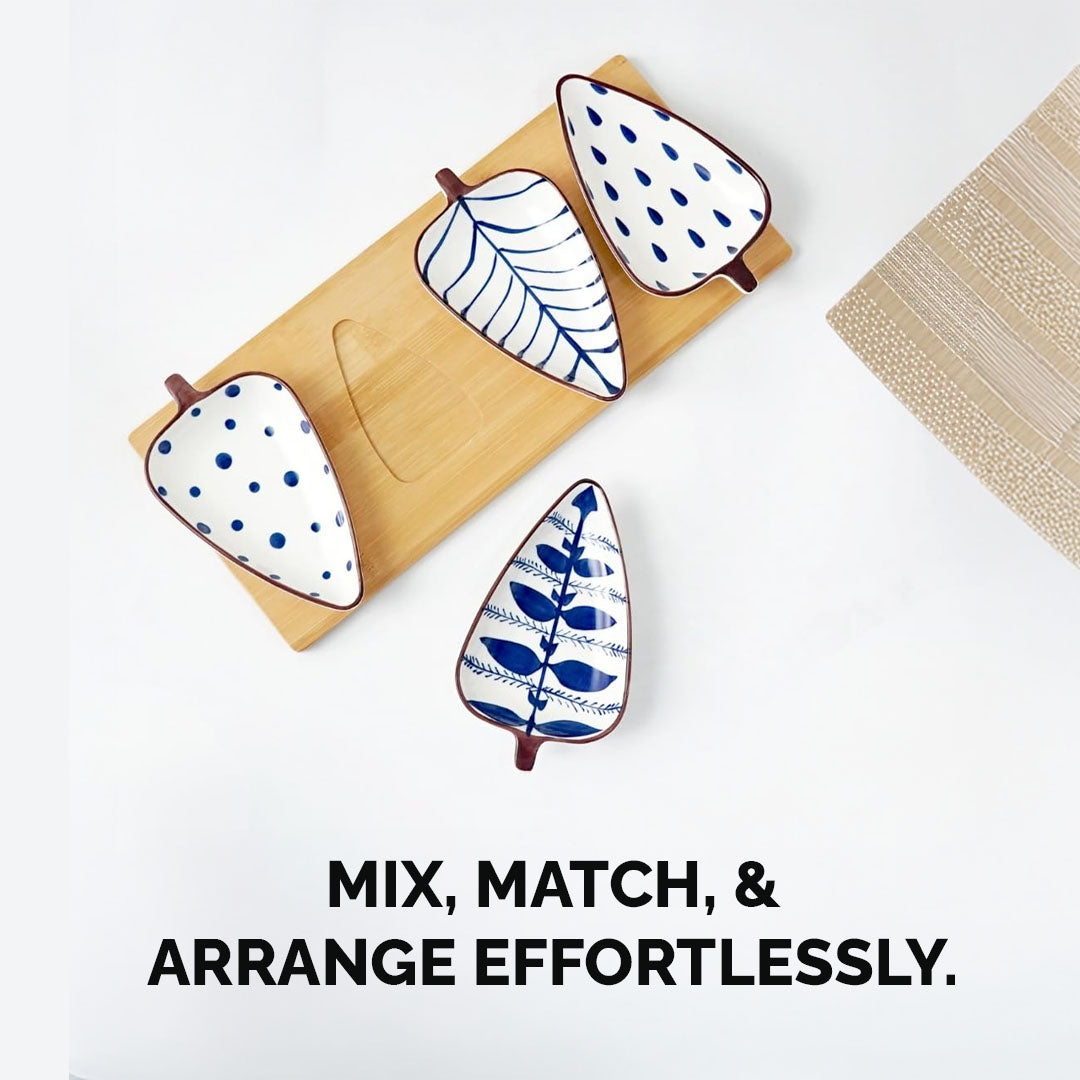 Rioware 120ml Leaf-Shaped Ceramic Serving Platter with Wooden Board | 4 Small Glossy Snack Tray | Perfect for Serving Sweets, Cookies, Dry Fruits, Mouth Freshener & Snacks (Blue & White)