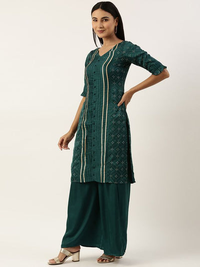 Bollywood Vogue Ready To Wear Teal Green Art Silk Print Salwar N Palazzo Suit