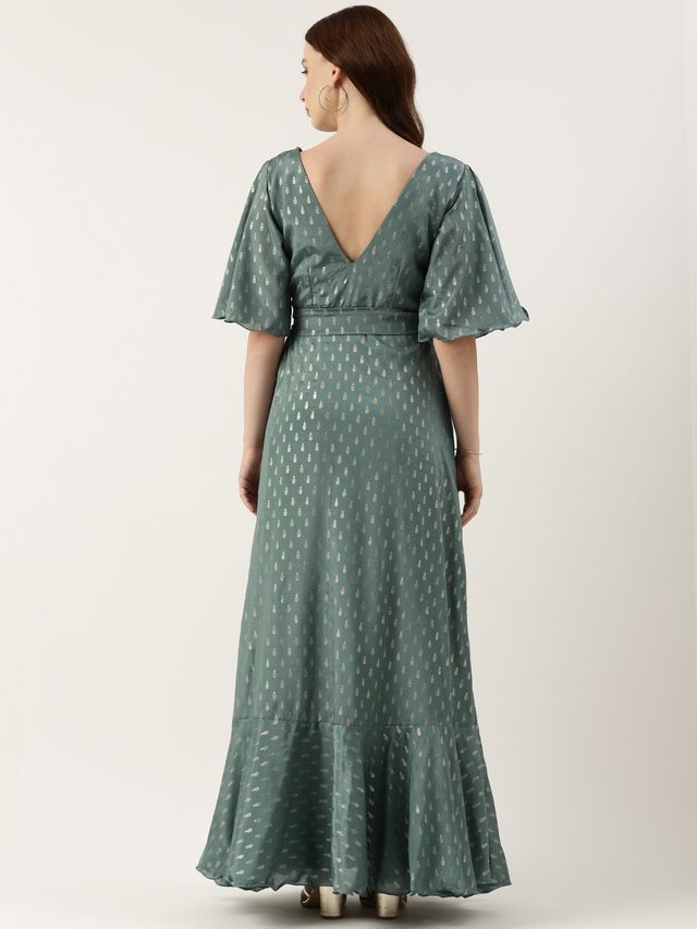 Bollywood Vogue Ready To Wear Green Chinon Foil Printed Gown
