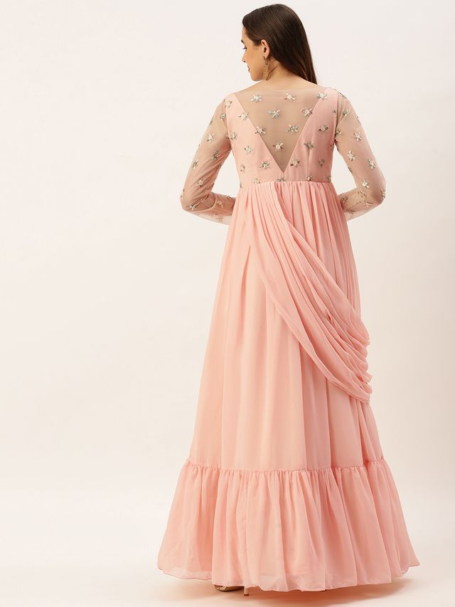 Bollywood Vogue Ready To Wear White Net Embroidered Peach Georgette Gown