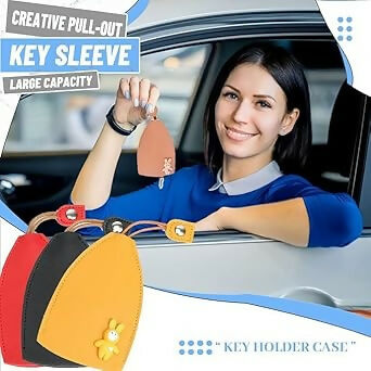PU Leather Pull-Out Car Key Case Cute Cartoon Key Holder with Large Capacity Creative Multi-Color Key Bag for Men & Women