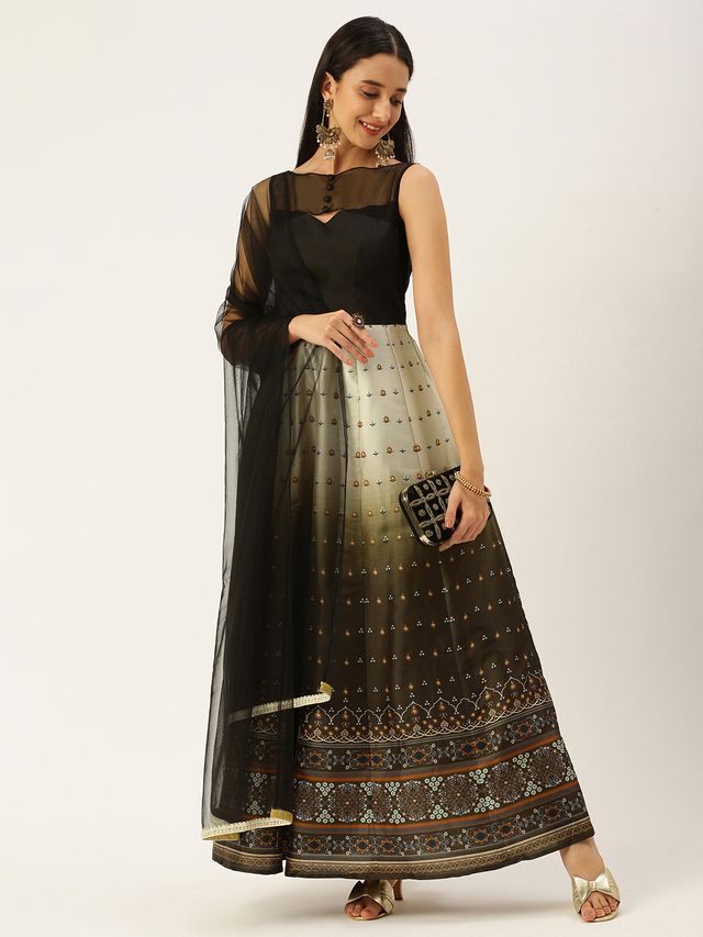 Bollywood Vogue Ready To Wear Black N Green Taffeta Printed Anarkali Suit