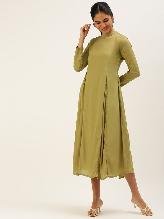 Bollywood Vogue Ready To Wear Collar Neck Calf Length Length Khaki Dress