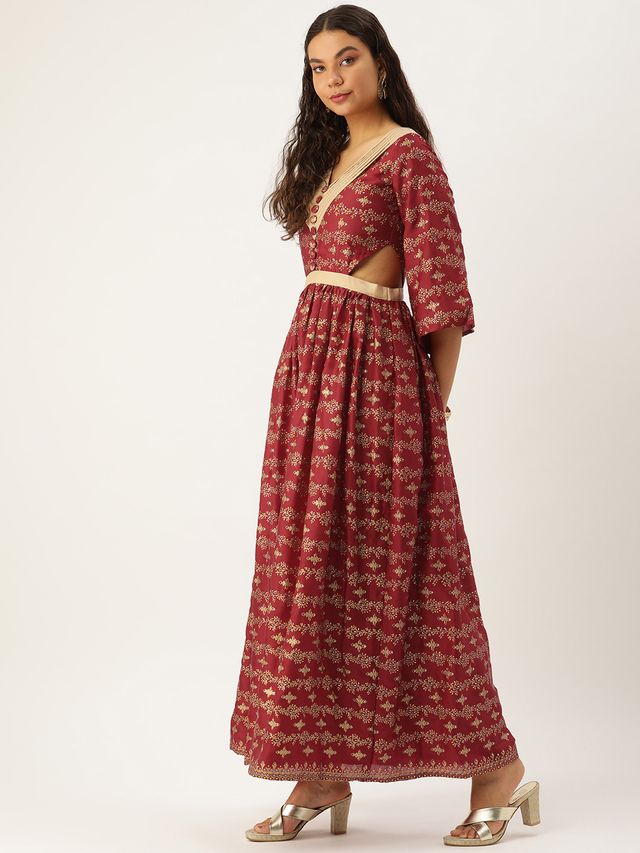 Bollywood Vogue Ready To Wear Maroon Art Silk Foil Printed Maxi Dress