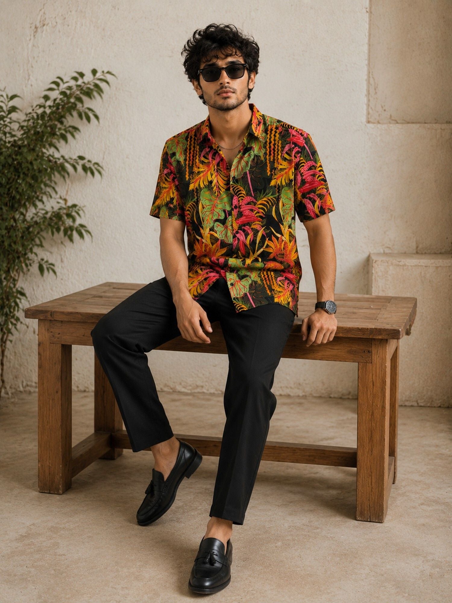 HENSHIKA Men's Casual Half Sleeve Printed Shirt - Relaxed Fit Cotton Blend - Maroon Floral - View 6