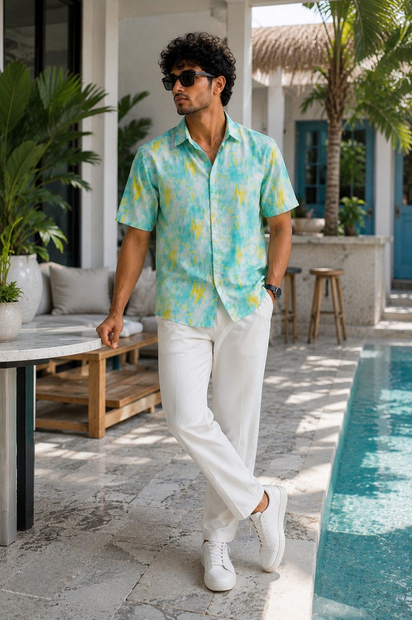 HENSHIKA Men's Casual Half Sleeve Printed Shirt - Relaxed Fit Cotton Blend - Blue Tie-Dye - View 5