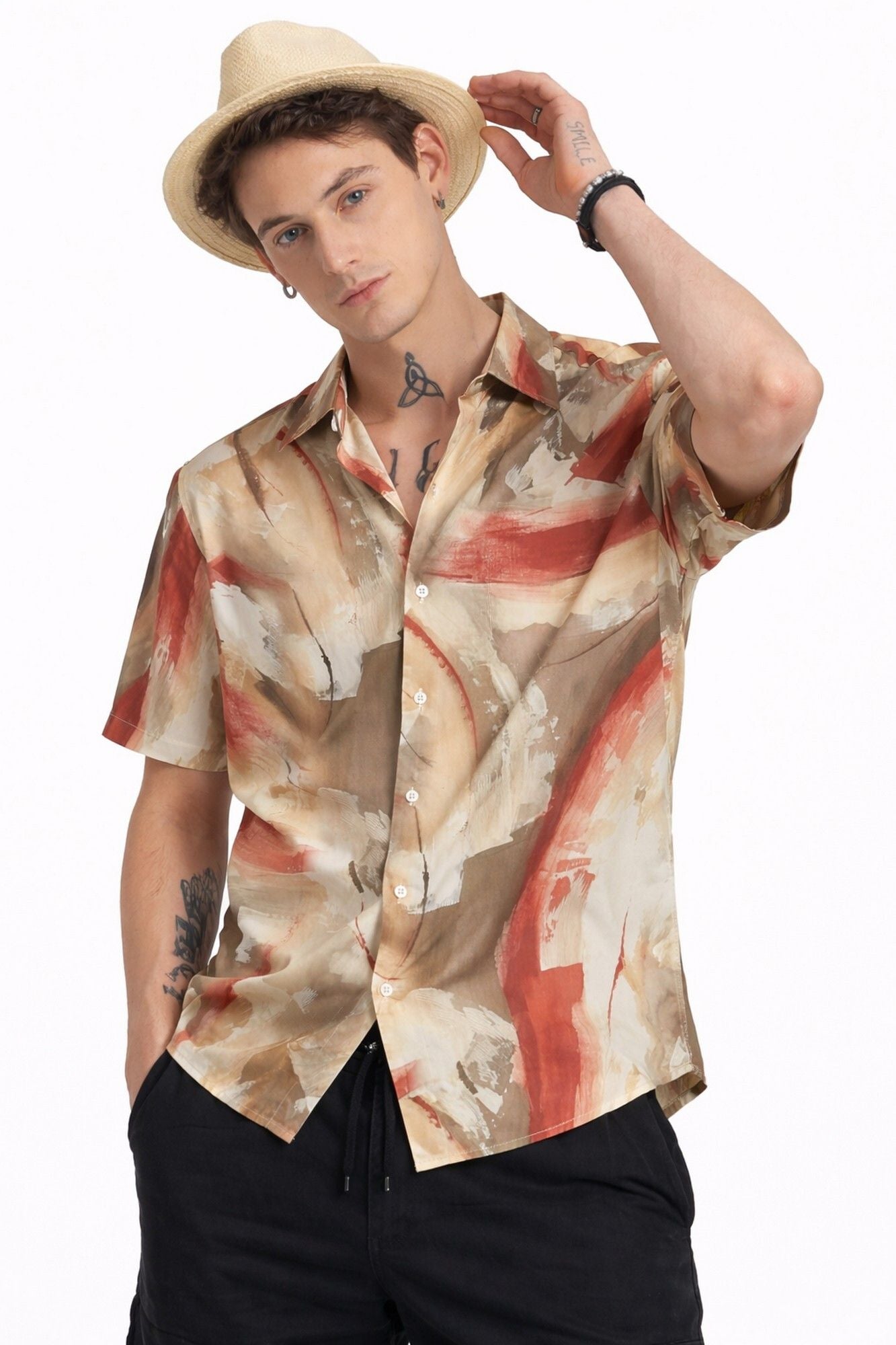 HENSHIKA Men's Casual Half Sleeve Printed Shirt - Relaxed Fit Cotton Blend - Red Abstract - View 1