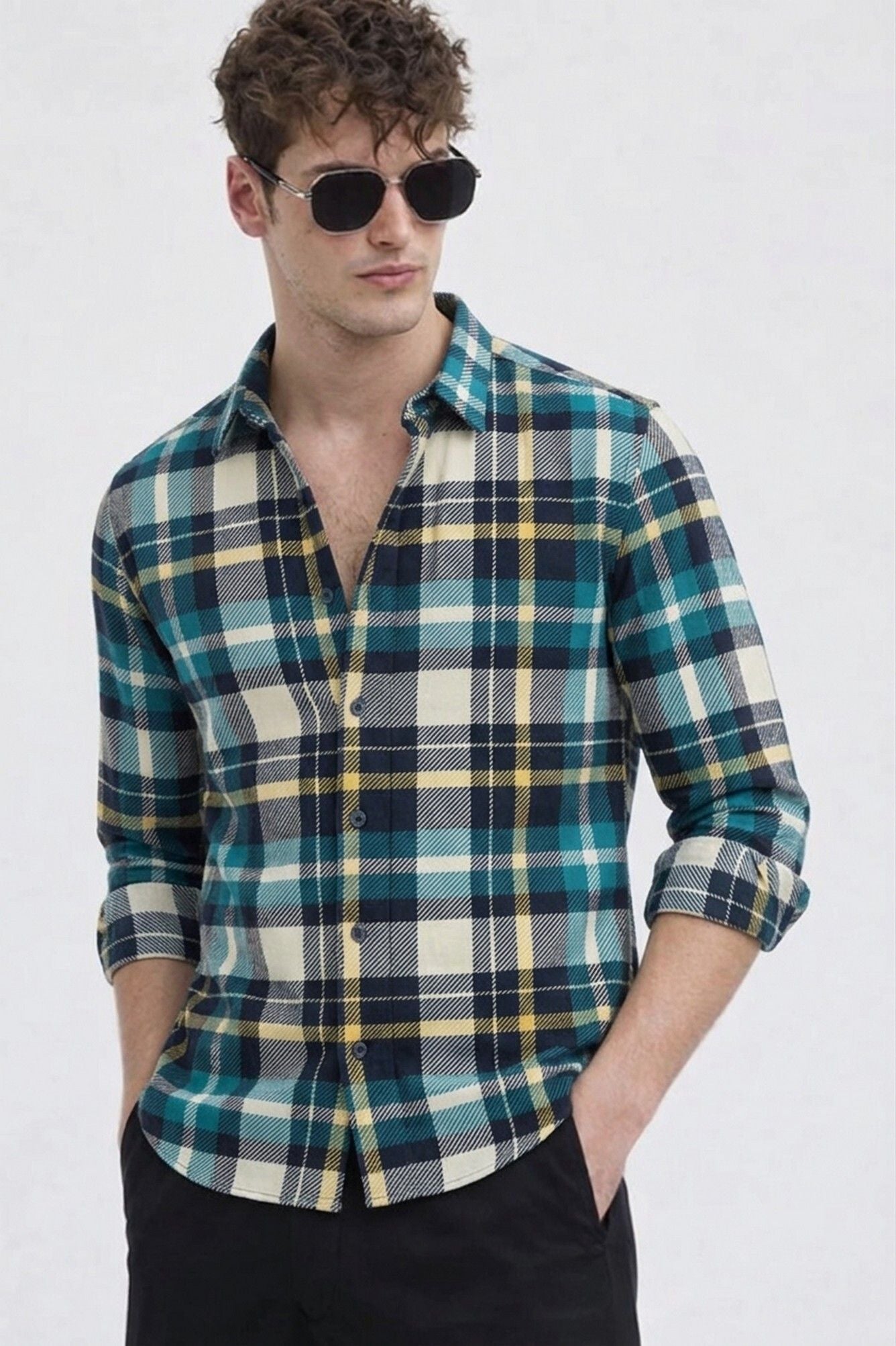 Henshika Men Checkered Casual Full Sleeve Shirt – New Chex – Green - Front View