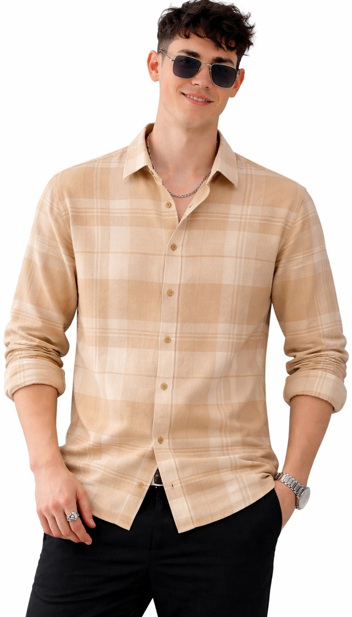 Henshika Men Checkered Casual Full Sleeve Shirt – New Chex – Beige - Front View