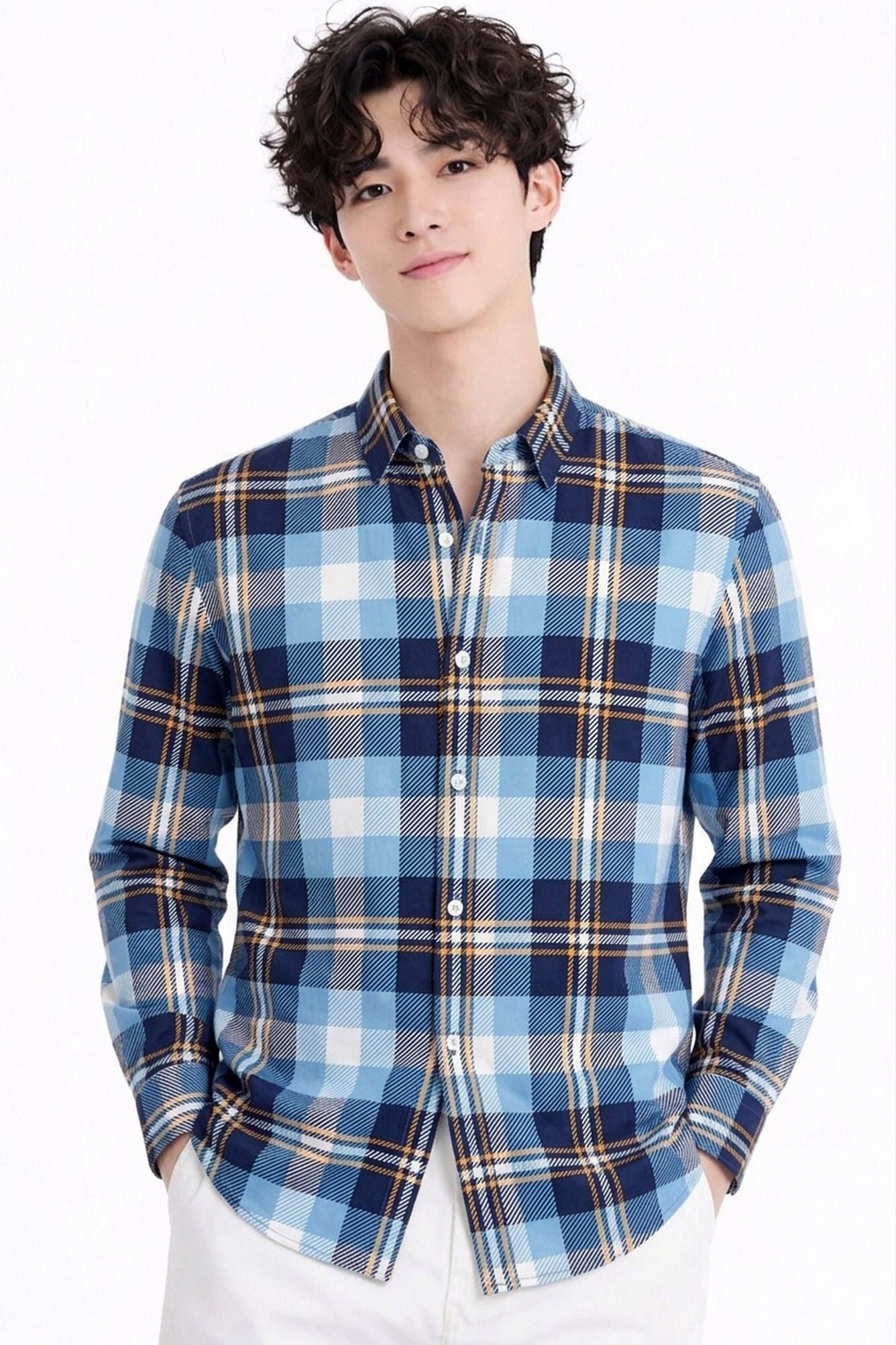 Henshika Men Checkered Casual Full Sleeve Shirt – New Chex – Blue - Front View