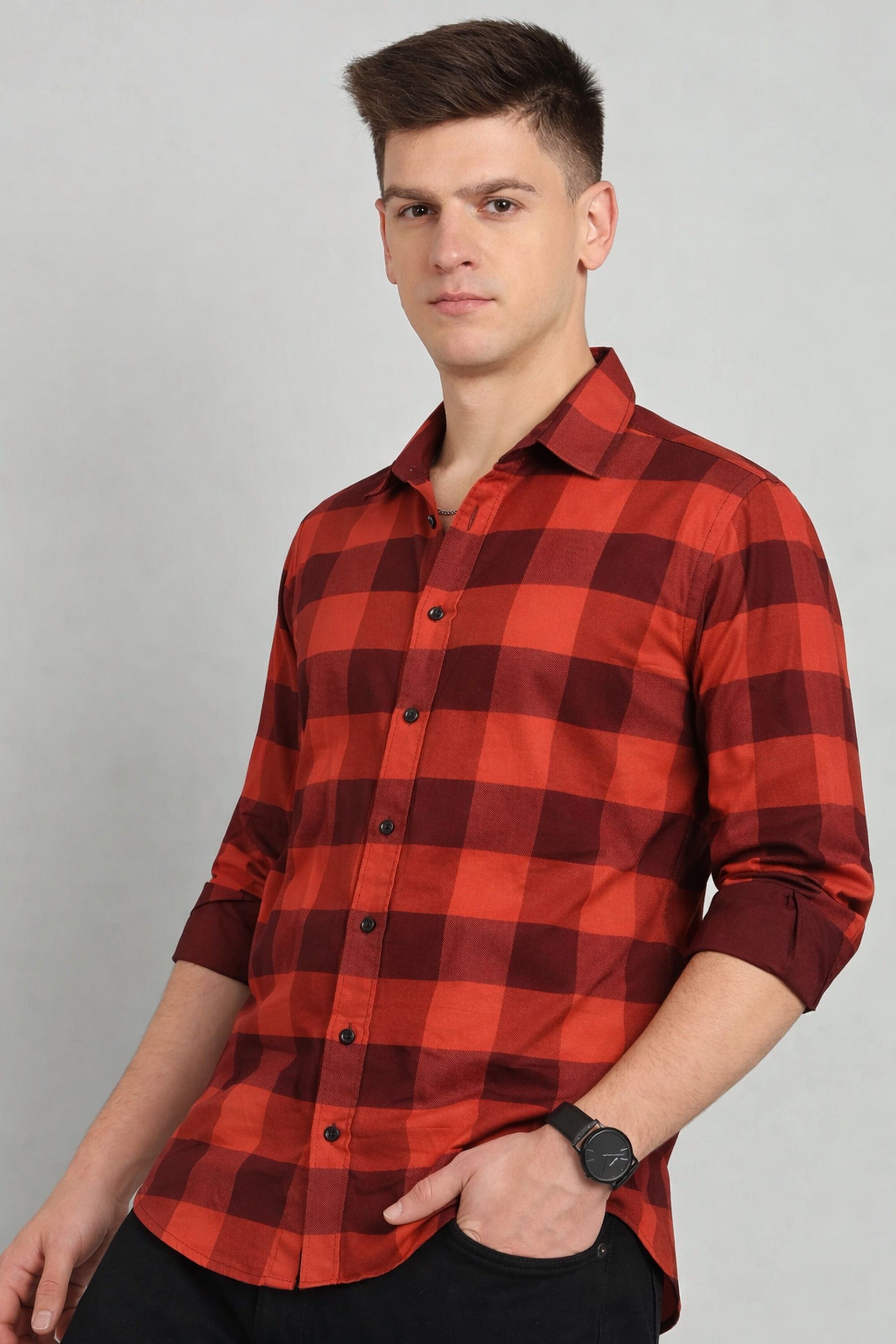 Henshika Men Printed Striped Casual Full Sleeve Shirt – Raja – Black&Red - View 3