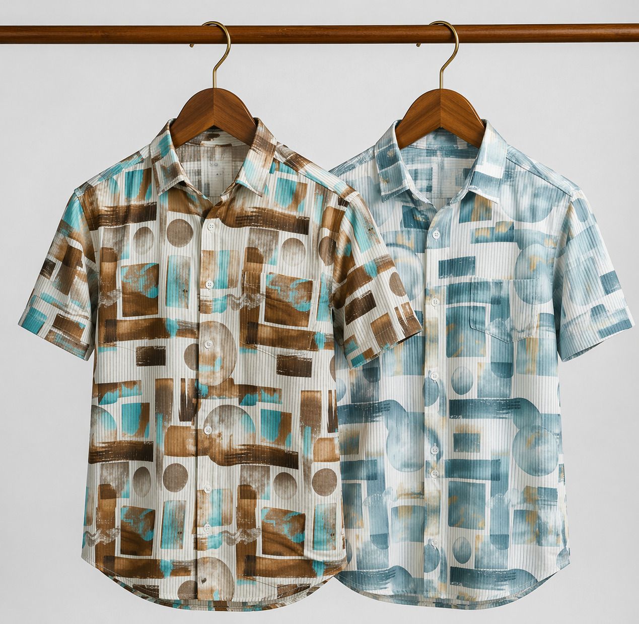 HENSHIKA Men Printed Casual Shirt Combo - Brown & Blue (Bubble Print) - Front View