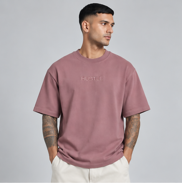 HUSTLE Men's Crew Neck Oversized Tees - Pink