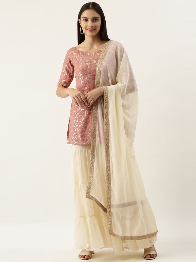 Bollywood Vogue Ready To Wear Pink N Off White Embroidered Sharara Suit