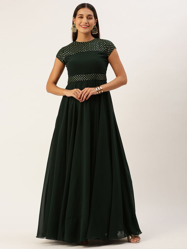 Bollywood Vogue Ready To Wear Green Georgette Embroidered Flared Gown