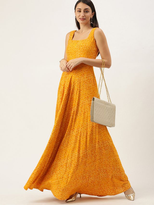 Bollywood Vogue Ready To Wear Yellow Printed Strap Neck Dress