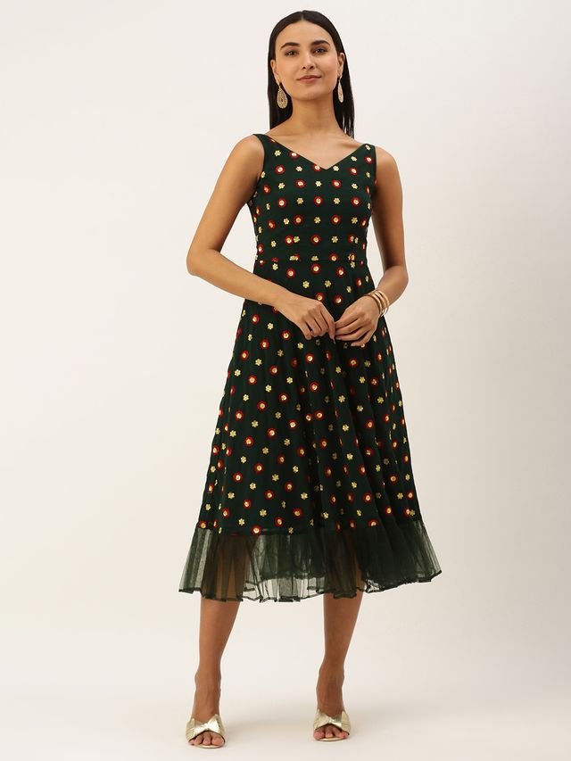 Bollywood Vogue Ready To Wear Green Georgette Embroidered Dress