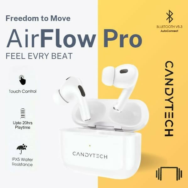 Candy Tech Airflow Pro Wireless Earbuds (Bass Boosted) with Touch Controls, 20H Playtime, 200H Standby, Fast USB Type-C Charging, In-Built Mic & IPX5 Water Resistance – Multicolour Dreams Gadgets