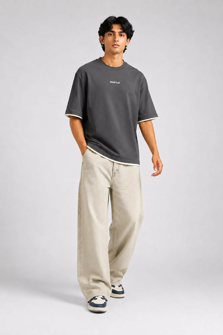 HUSTLE Men's Crew Neck Oversized Tees - Iron Gray