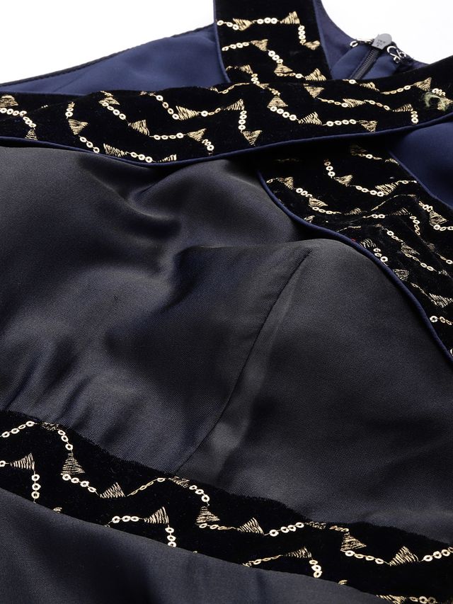 Bollywood Vogue Ready To Wear Navy Blue Velvet Embroidered Off Shoulder Dress