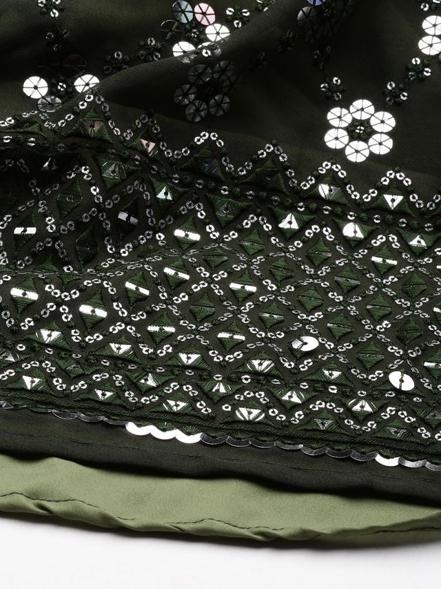 Bollywood Vogue Ready To Wear Green Georgette Embroidered Halter Neck Gown
