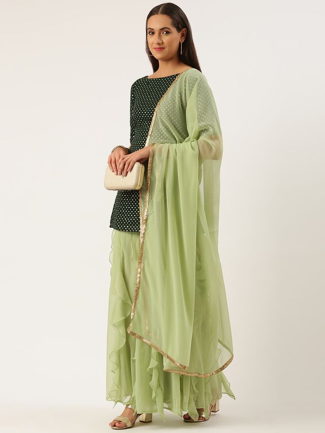 Bollywood Vogue Ready To Wear Green Cascade Ruffled Gharara Suit Set
