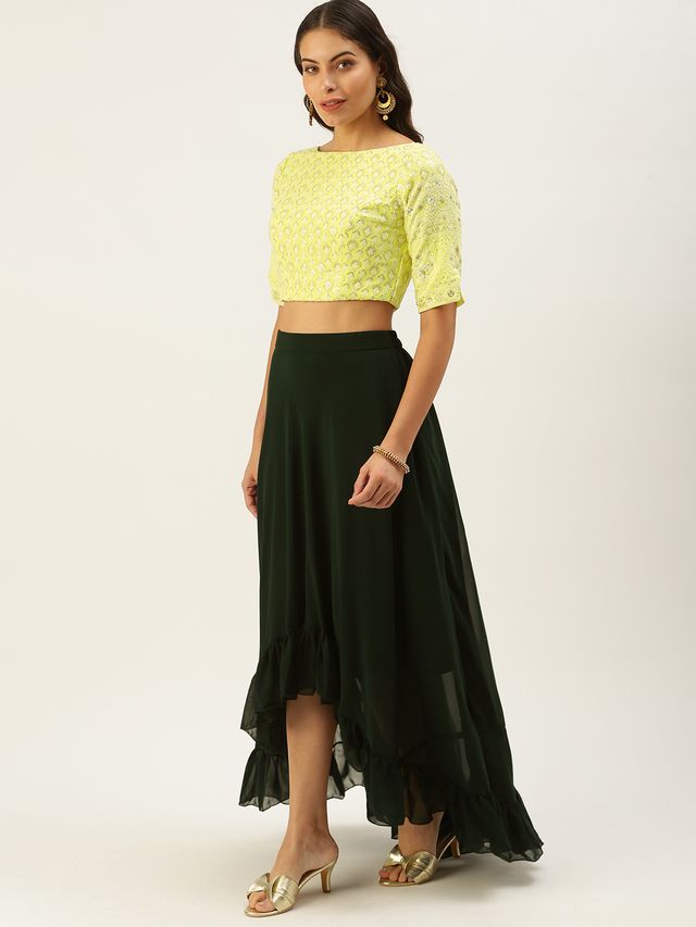 Bollywood Vogue Ready To Wear Lemon Yellow Embroidered Crop Top N Skirt