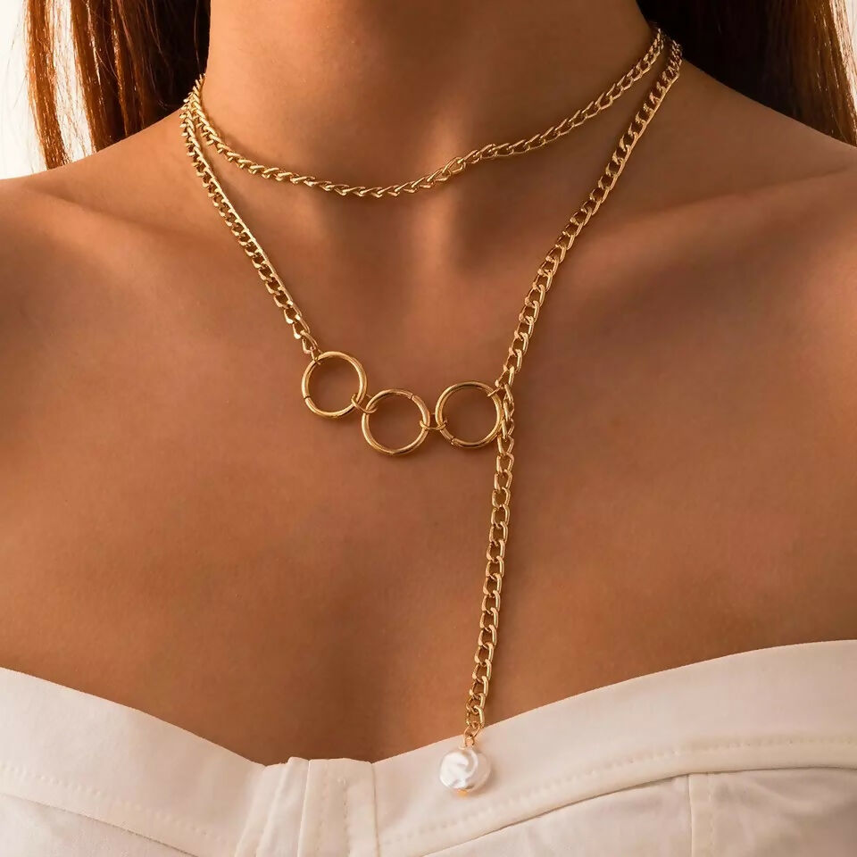 Elegant Layered Gold-Tone Necklace Set with Geometric Circles & Origami Swan Pendant (Set of 2) pinapes