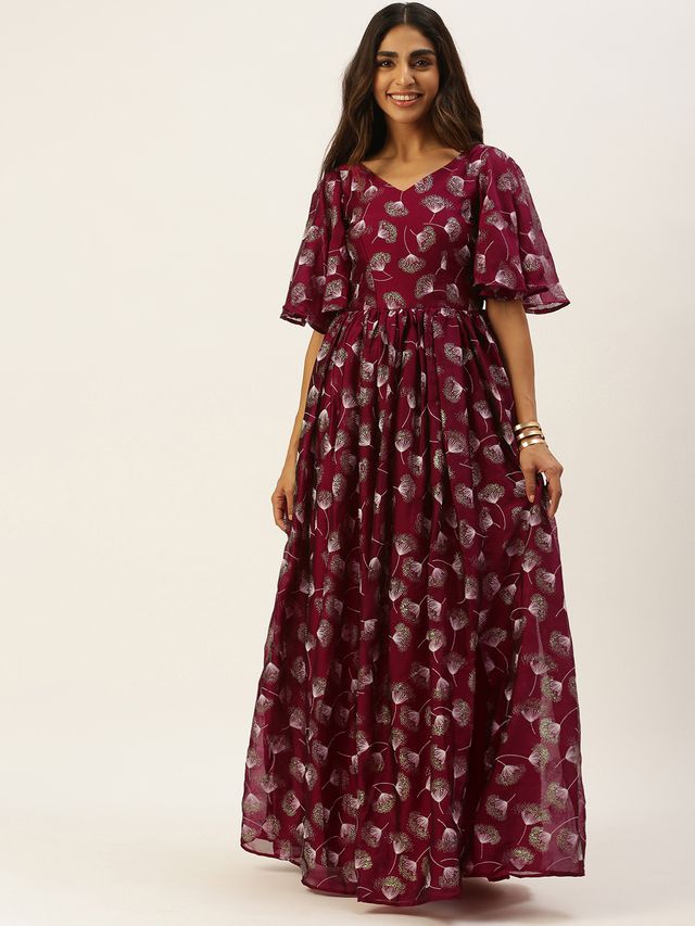 Bollywood Vogue Ready To Wear Maroon Satin Blend Foil Printed Slit Maxi Dress
