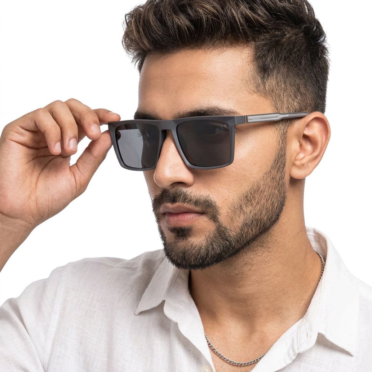 Eyejack Grey Square Sunglasses for Men and Women - Style L767 - worn by a male model (image 1)