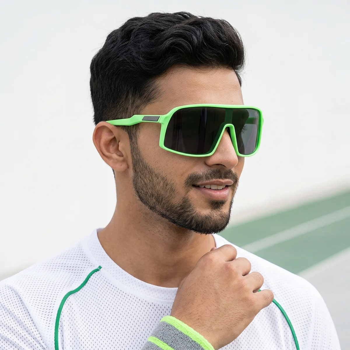 Eyejack Green Wrap Around Sunglasses for Men and Women - Style 1301 - worn by a male model (image 1)