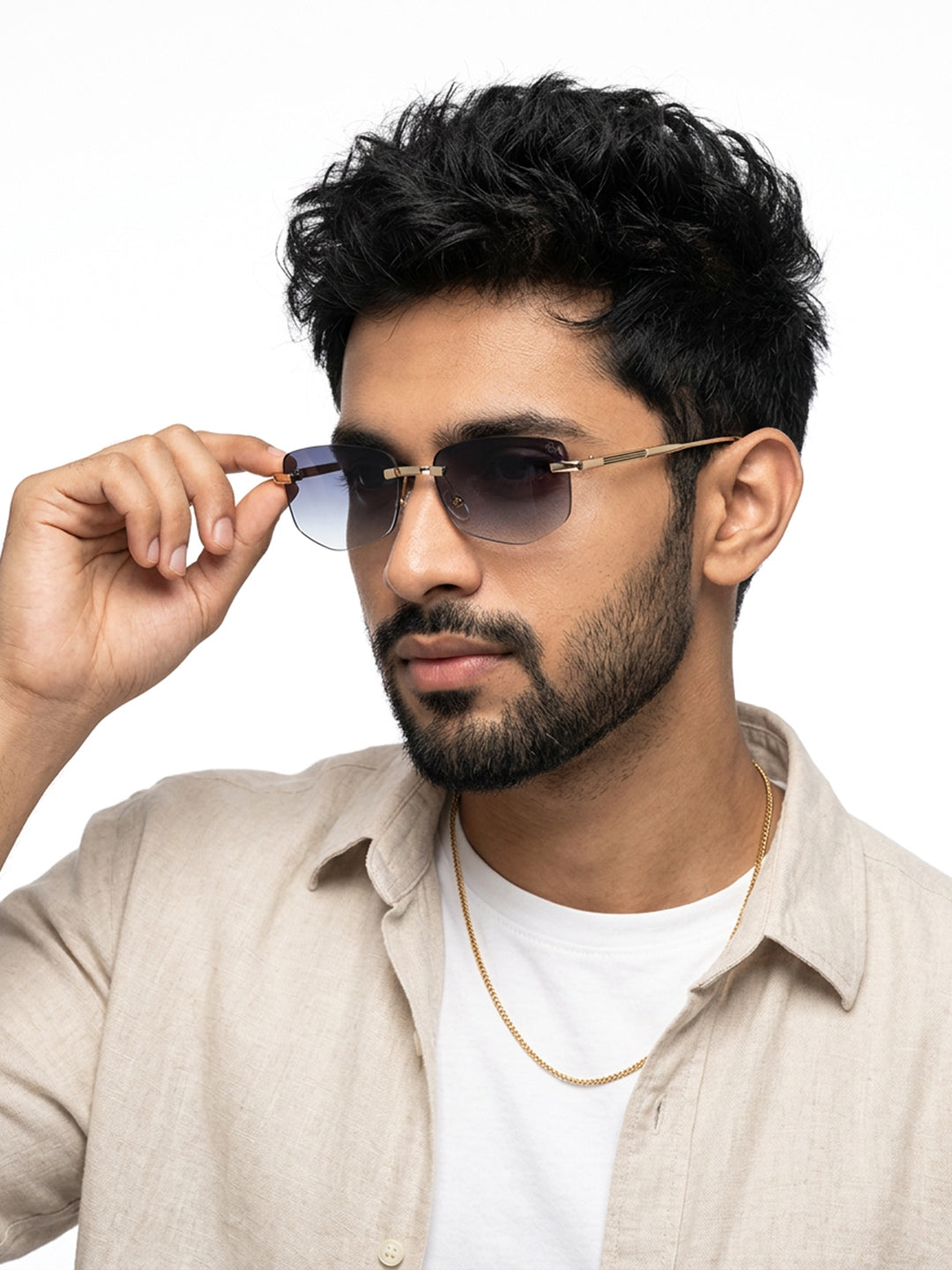 Essence Royal Golden Rimless Sunglasses for Men and Women - Style 2542 - worn by a male model (image 1)