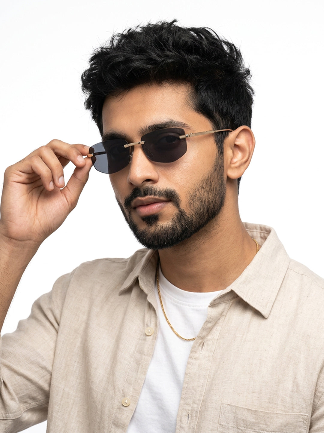 Essence Royal Golden Rimless Sunglasses for Men and Women - Style 2541 - worn by a male model (image 1)