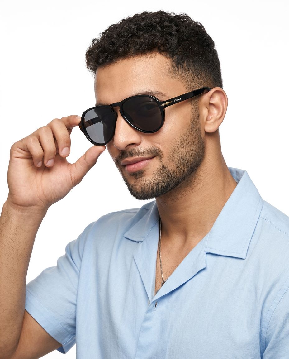 Eyejack Black Aviator Sunglasses for Men and Women - Style L972 - worn by a male model (image 1)