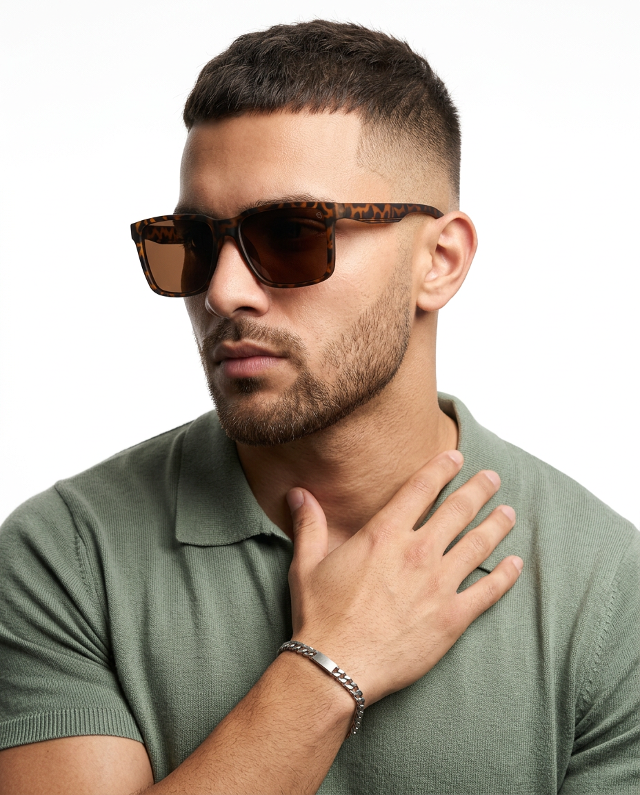 Eyejack Demi Brown Wayfarer Sunglasses for Men and Women - Style 1243 - worn by a male model (image 1)