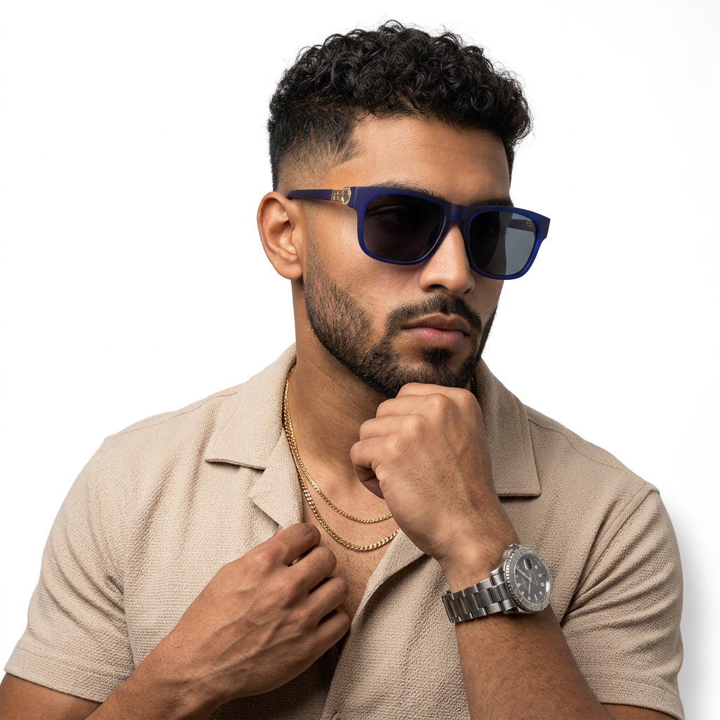 Eyejack Blue Wayfarer Sunglasses for Men and Women - Style 1036 - worn by a male model (image 1)