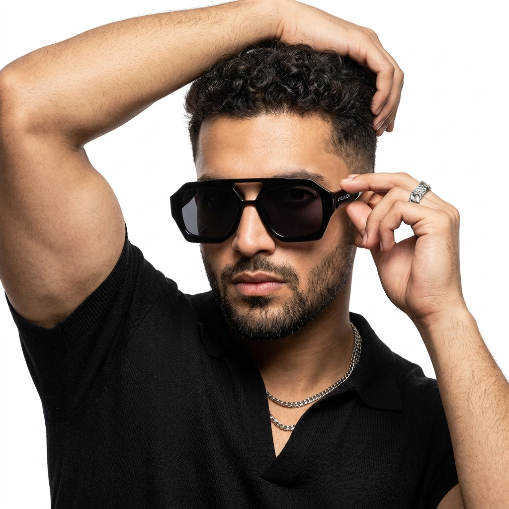 Eyejack Black Wayfarer Sunglasses for Men and Women - Style 1003 - worn by a male model (image 1)
