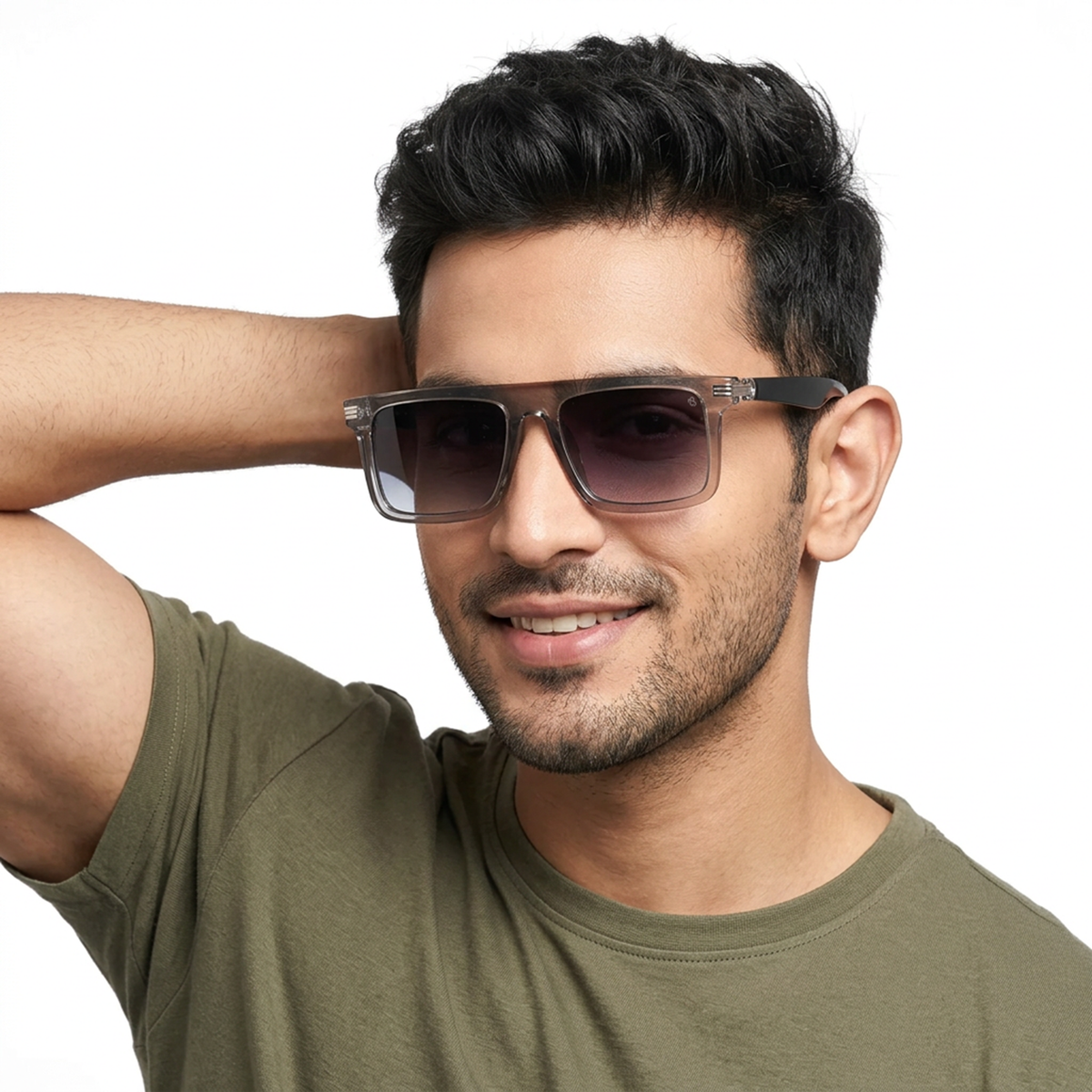 Eyejack Transparent Grey Rectangle Sunglasses for Men and Women - worn by a male model (image 1)