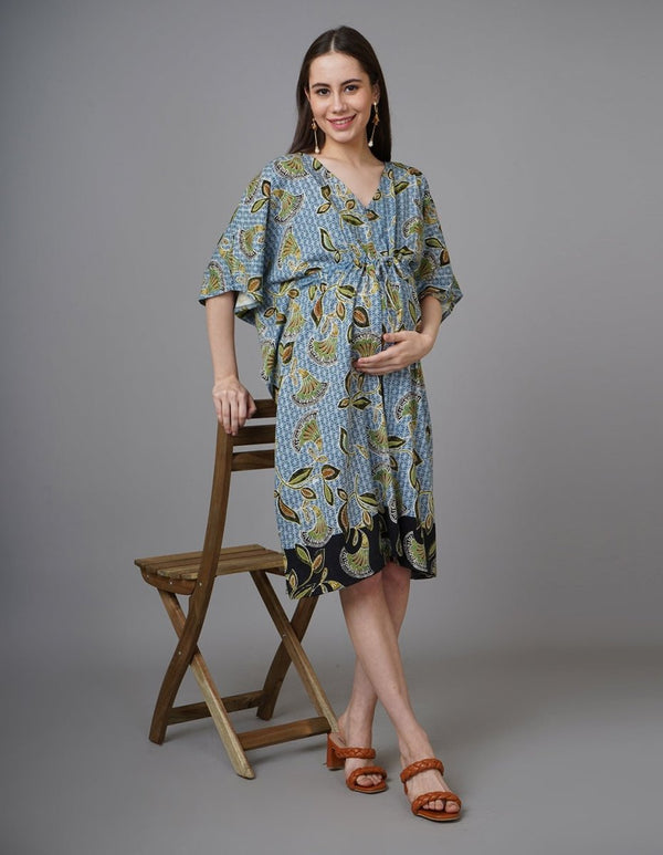Mandala Blue Maternity and Nursing Kaftan Midi Dress - NW-BLMNT-S