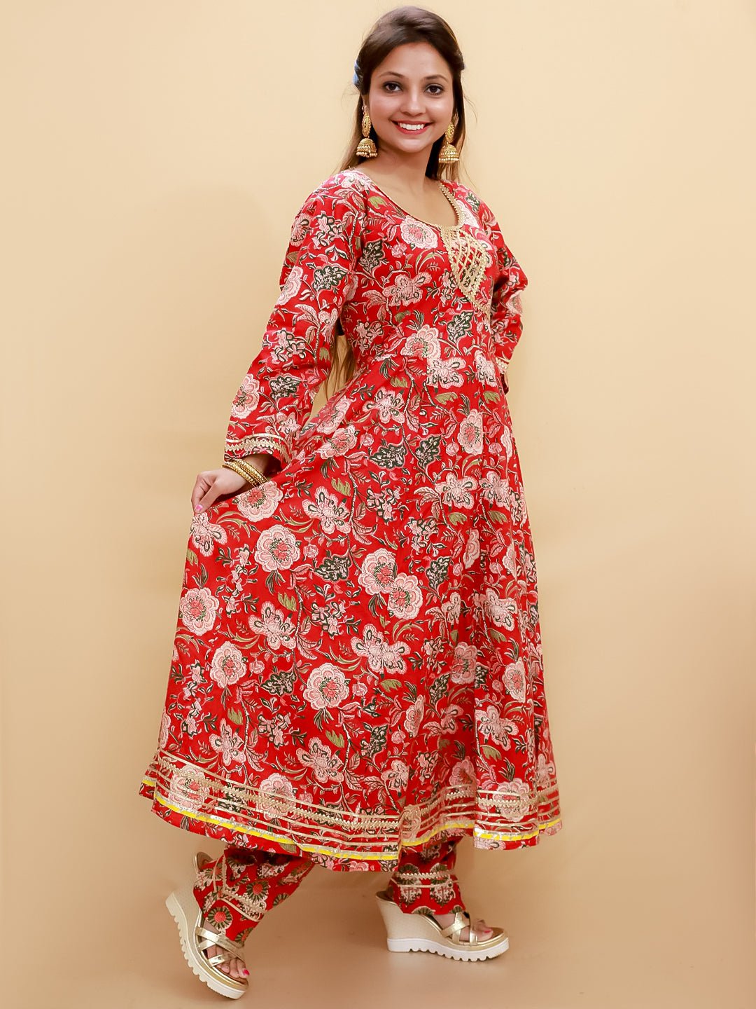 Maroon Block Print Anarkali Kurta Set - WES - SC - MRBLO - S