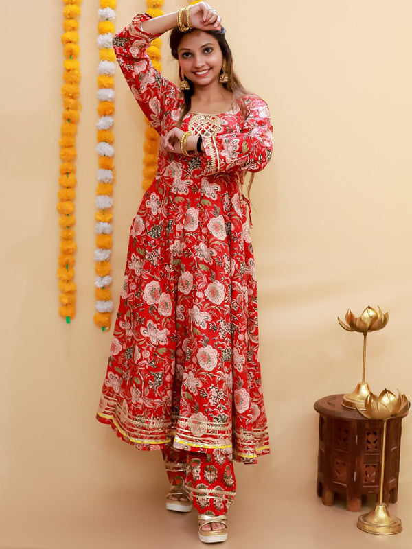 Maroon Block Print Anarkali Kurta Set - WES - SC - MRBLO - S