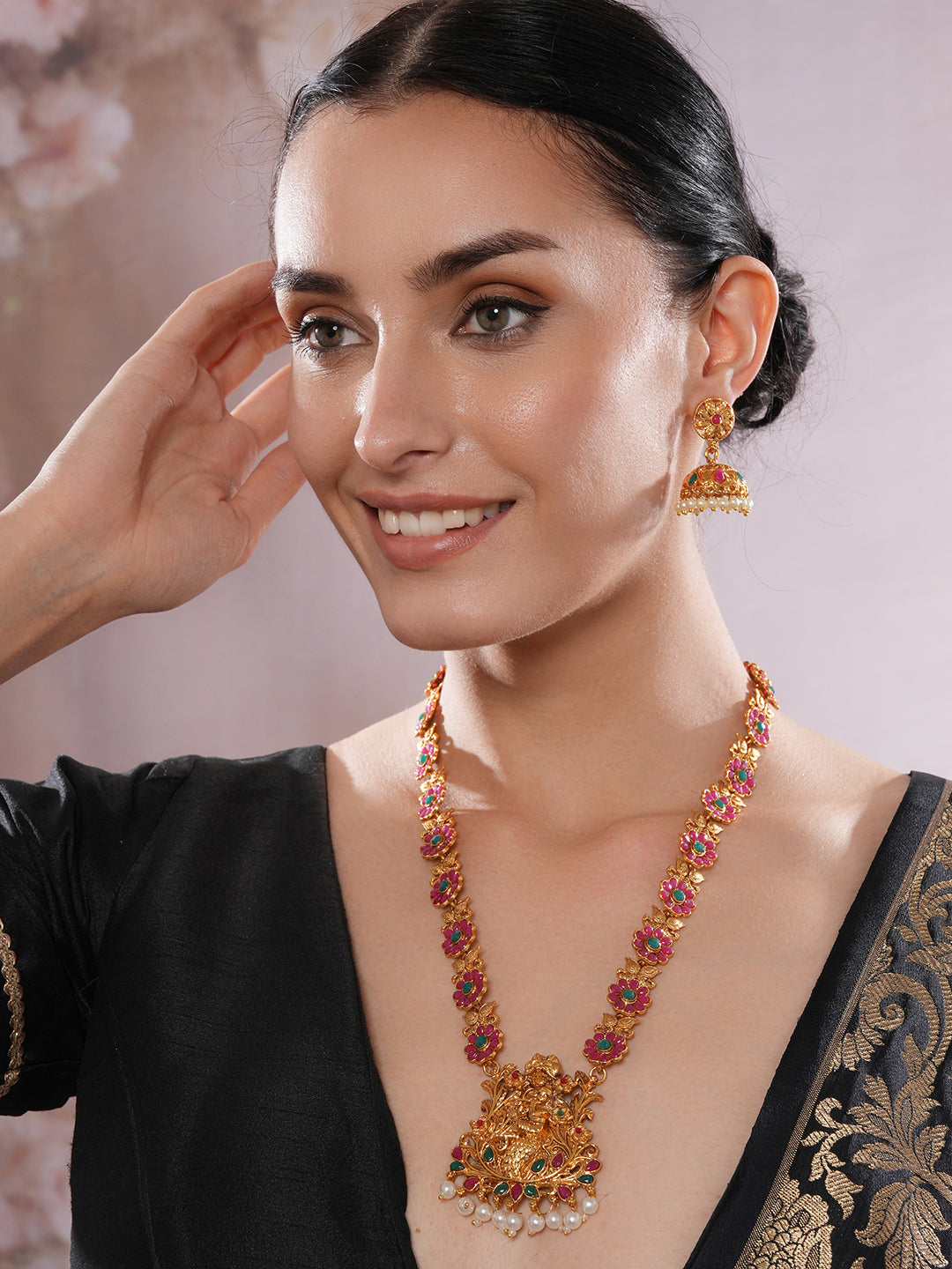Jazz And Sizzle Gold-Plated Faux Ruby Studded Floral & Krishna Motif Temple Jewelry Set