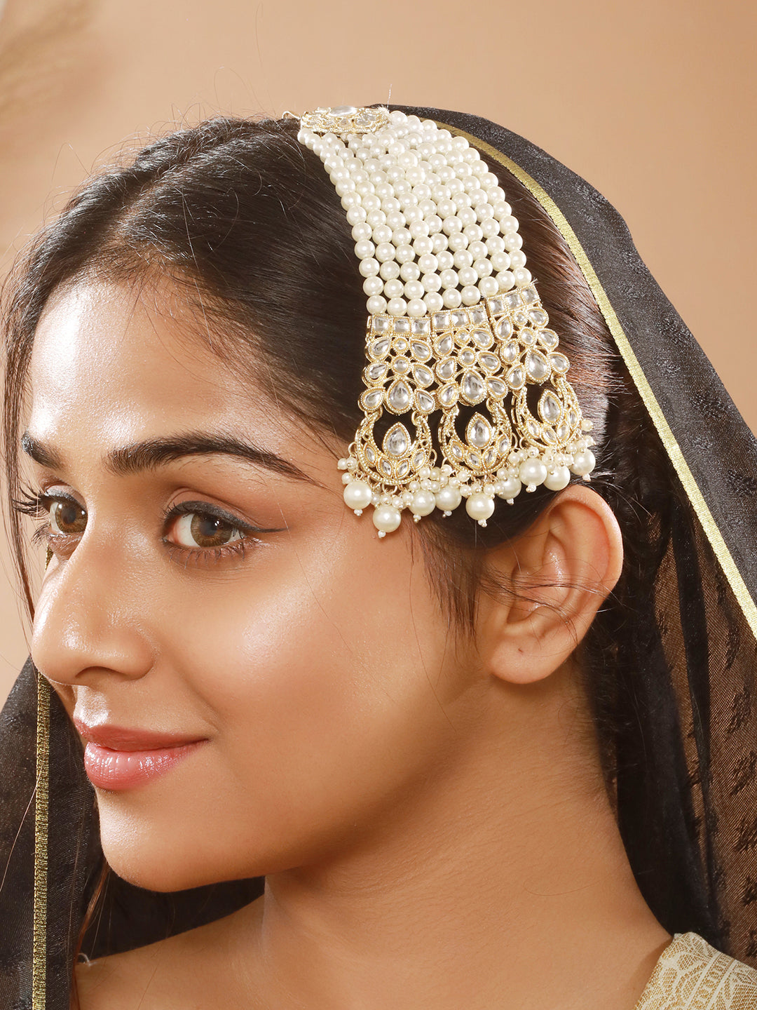 Gold-Plated White Kundan Studded & Beaded Chand Jhumar Passa