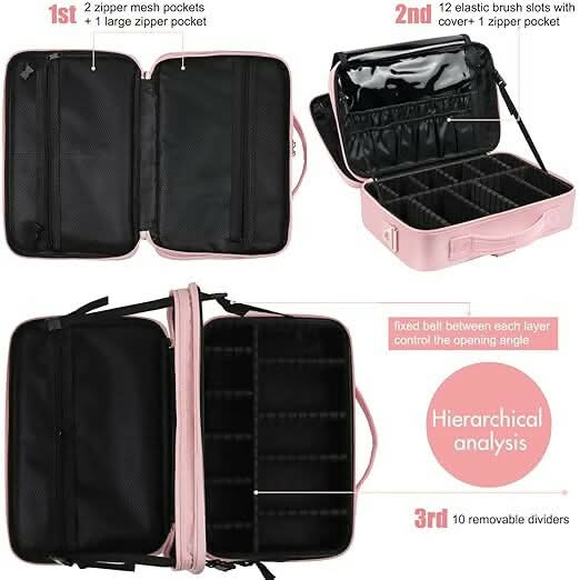 Professional Cosmetic Makeup Storage Organizer Bag with Adjustable Compartment (Rose Gold, Large (40L x 29B x 14H cm, TPT) NATIONALBAGS & BELTS
