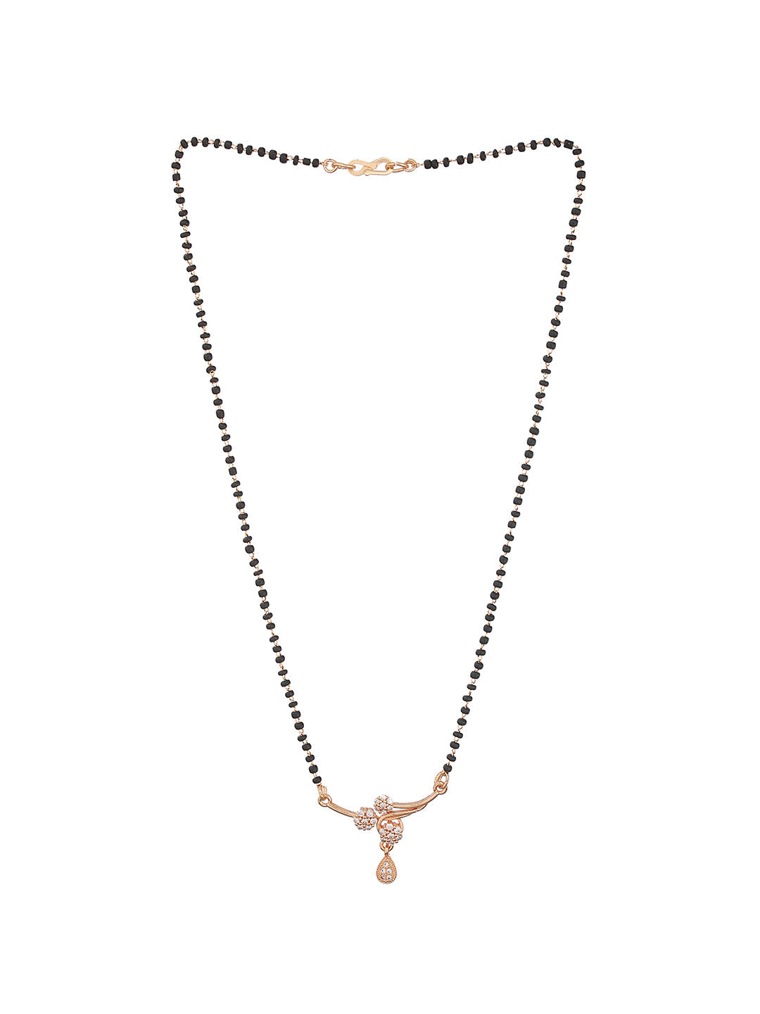 Gold-Plated Black Beaded & White Ad Stone-Studded Floral Shaped Mangalsutra