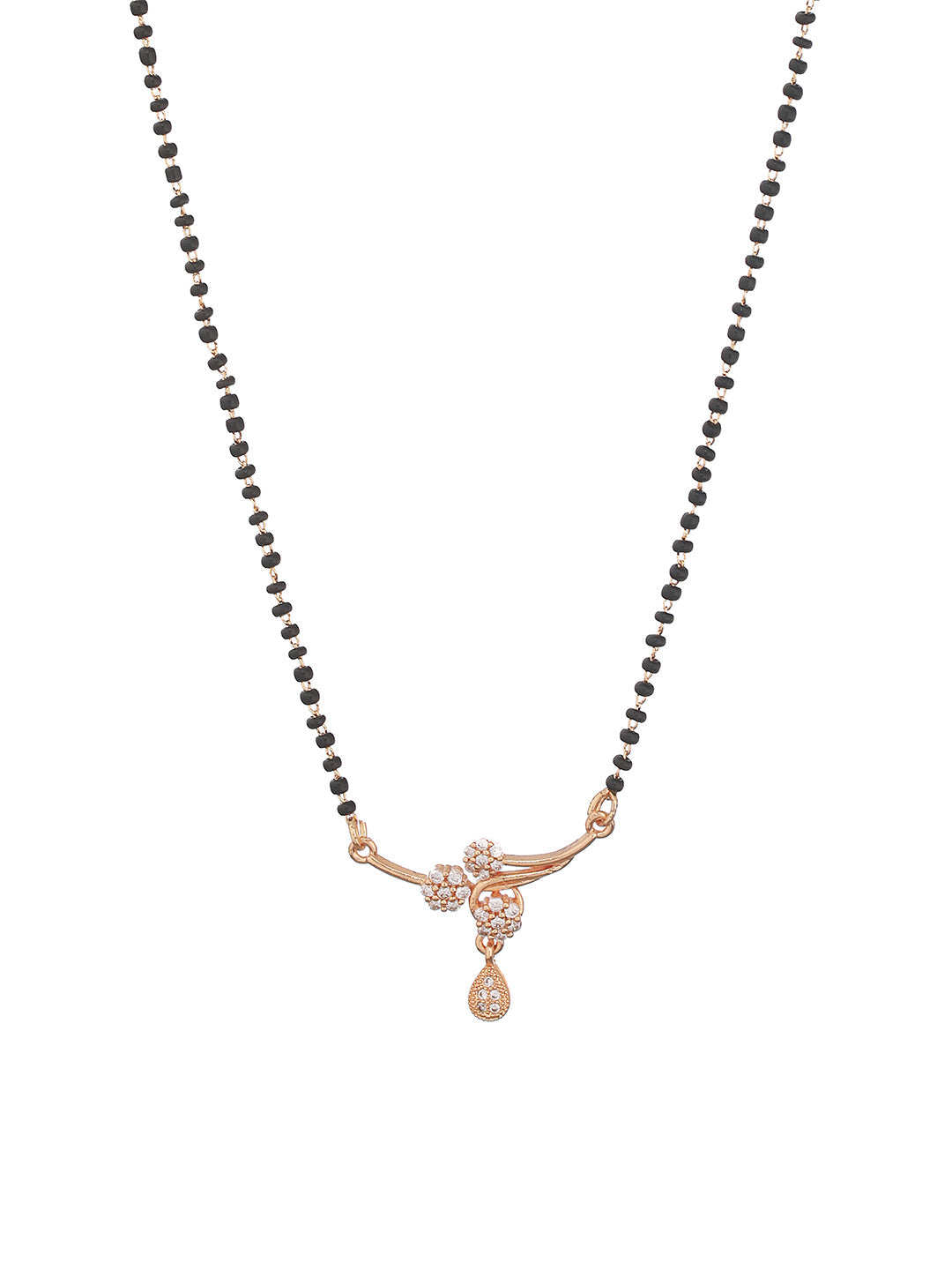 Gold-Plated Black Beaded & White Ad Stone-Studded Floral Shaped Mangalsutra