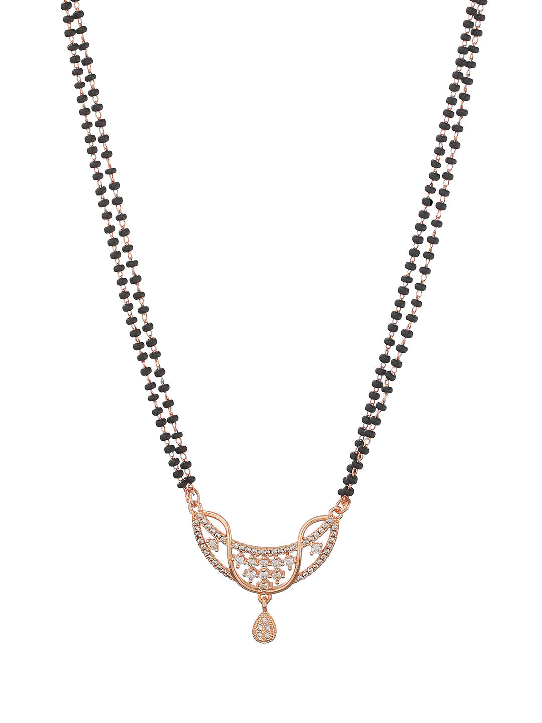 Gold-Plated Black Beaded & White Ad Stone-Studded Floral Shaped Mangalsutra