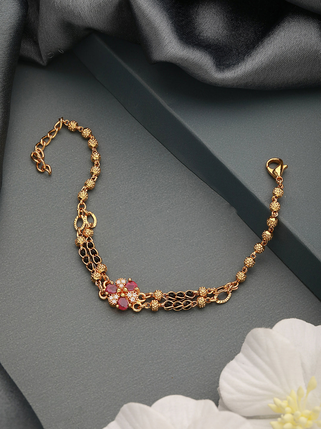 Gold-Plated Red & White Ad Studded & Black Beaded Floral Hand Mangalsutra
